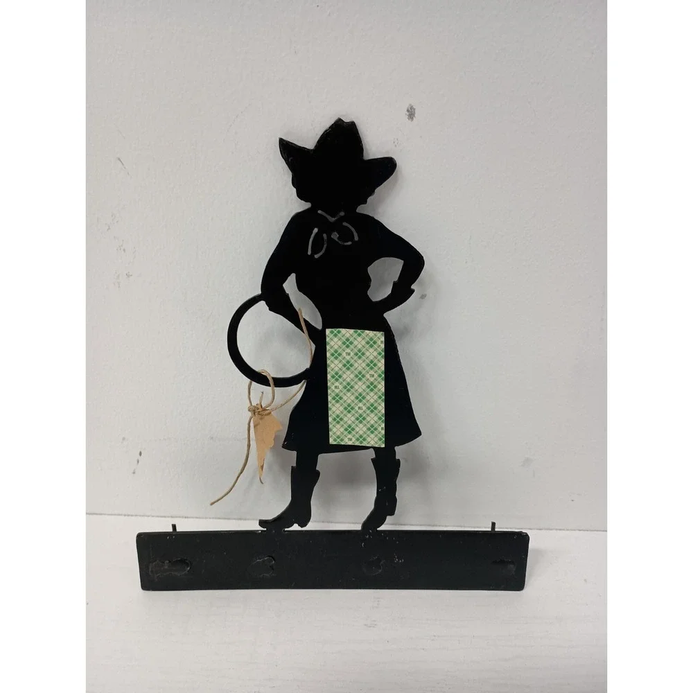 Vintage Metal Cow Girl Wall Hanging Key Holder Rack Organizer Four Hook Western